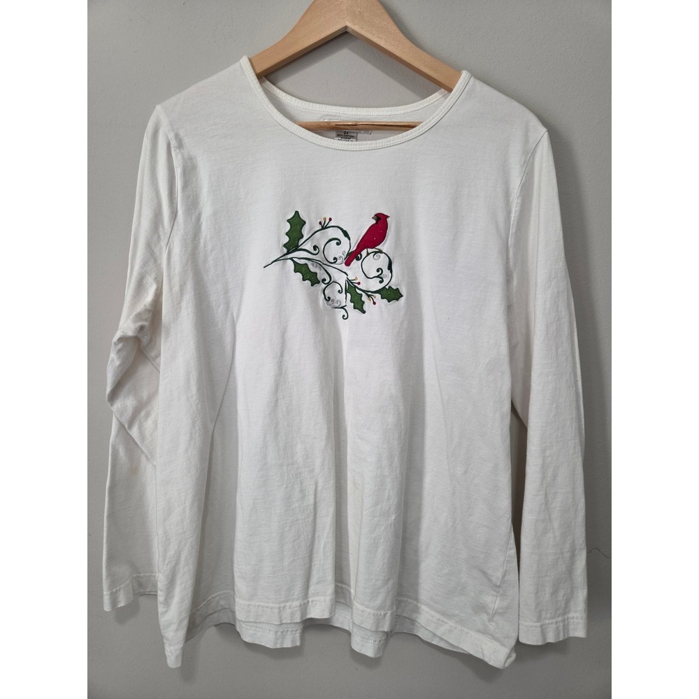 Rebecca Malone Woman White Cotton Long Sleeve Cardinal Christmas Tee Shirt 2X
